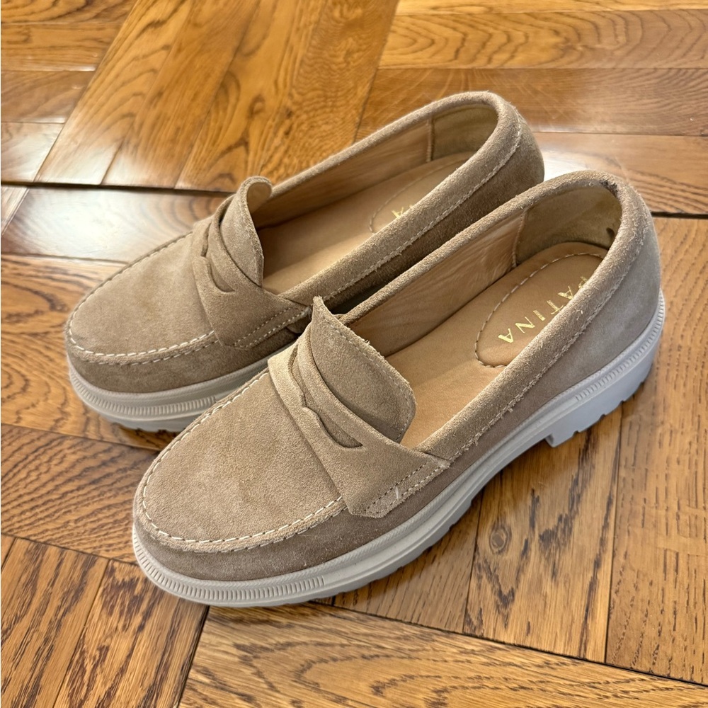 Patina Tan/Nude Suede Penny Loafers with Platform Sole